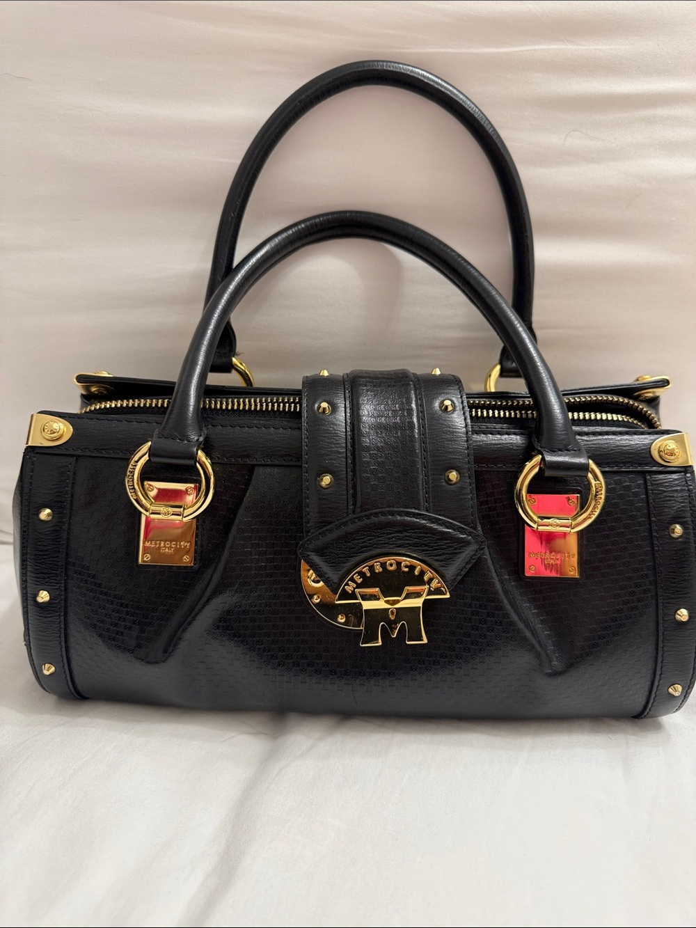 Metrocity Black Leather Satchel with Gold Hardware